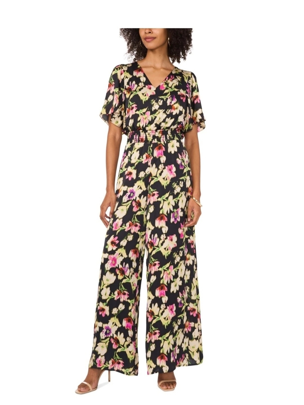 Vince Camuto Floral Jumpsuit Flutter Sleeve Wide Leg Smocked Waist Rich Black